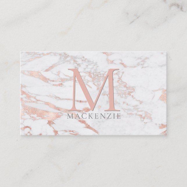 Chic Copper Rose Gold Foil Marble Monogram Business Card (Front)