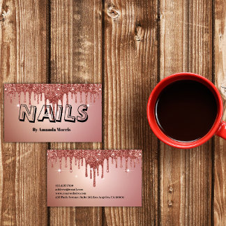 Chic Copper Rose Gold Glitter Nails Professional Business Card