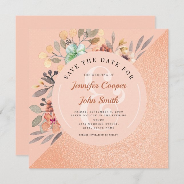 Chic Copper Watercolor Floral Wedding Save The Date (Front/Back)