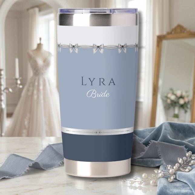 Chic Coquette Bride Dusty Blue Wedding Insulated Tumbler (Chic Coquette Bride Gift. Modern slate blue & silver wedding morning insulated tumbler.)
