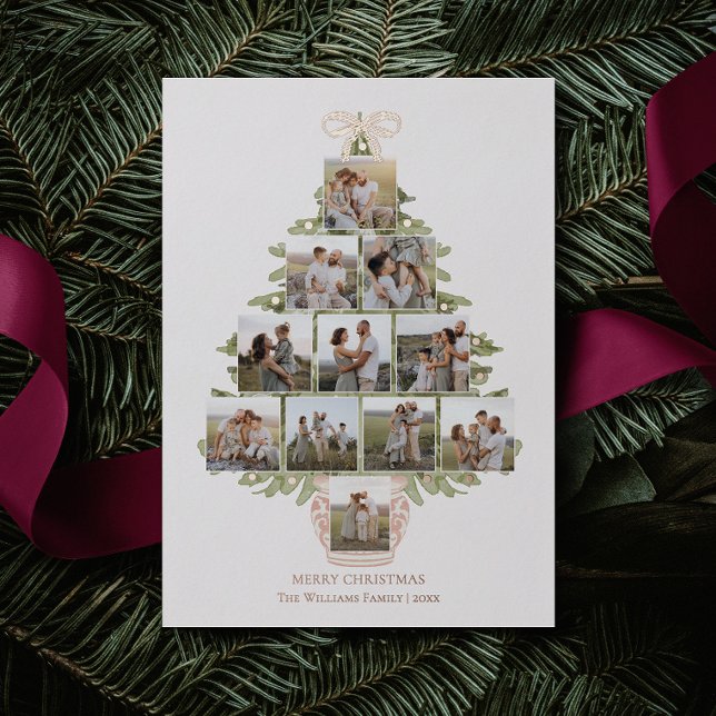 Chic Coquette Christmas Tree 12 Photo Rose Gold Foil Holiday Card (Creator Uploaded)