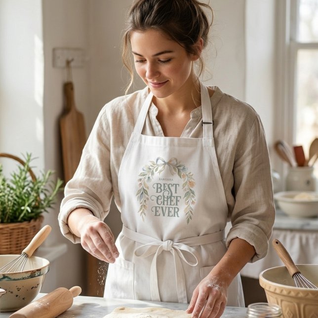 Chic Coquette Floral Best Chef Ever Gift MH26 Long Apron (Chic Coquette Best Chef Ever Apron with Elegant Pastel Floral Wreath Watercolor Effect.)