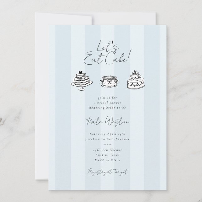 Chic Coquette Let’s Eat Cake Blue Bridal Shower Invitation (Front)
