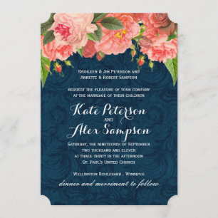 Chic Coral and Navy Blue Wedding Invitation