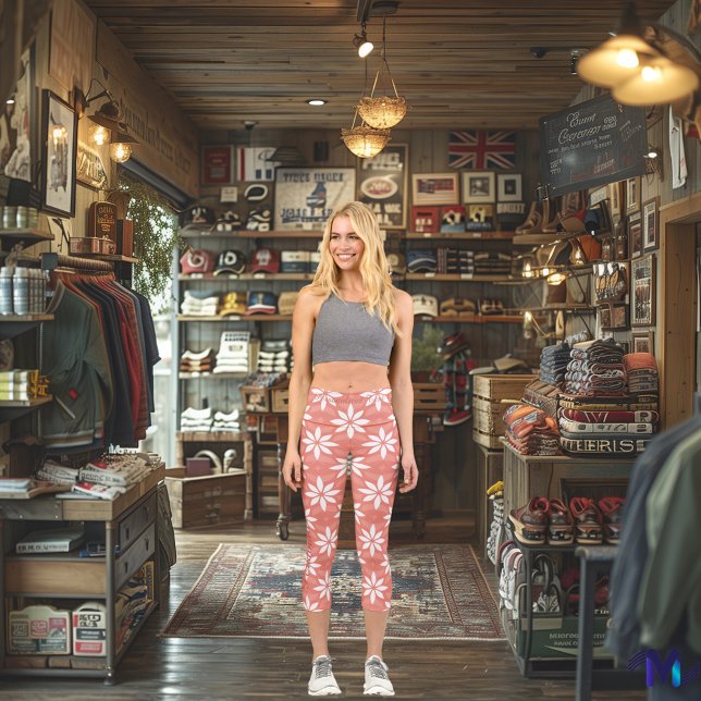 Chic Coral and White Floral Customizable Pattern Capri Leggings (Creator Uploaded)