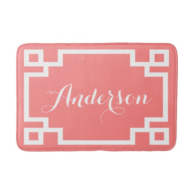 Chic Coral and White Greek Key Custom Monogram Bathroom Mat (Front)