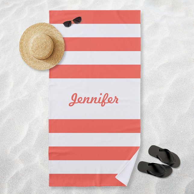 Chic Coral and White Stripes Personalized Beach Towel (Chic Coral and White Stripes Personalized Beach Towel)