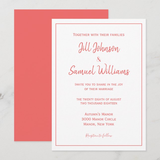 Chic Coral and White Wedding Invitation (Front/Back)