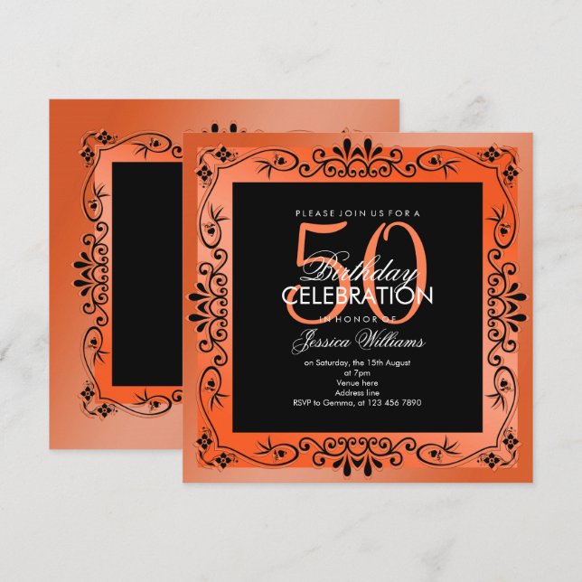 Chic Coral Decorative Framed 50th Birthday Invitation (Front/Back)
