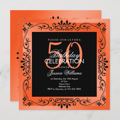 Chic Coral Decorative Framed 50th Birthday Invitation