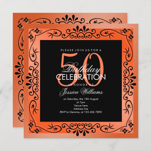 Chic Coral Decorative Framed 50th Birthday Invitation (Front/Back)