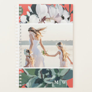 Chic Coral Floral Two Photo with Monogram Planner