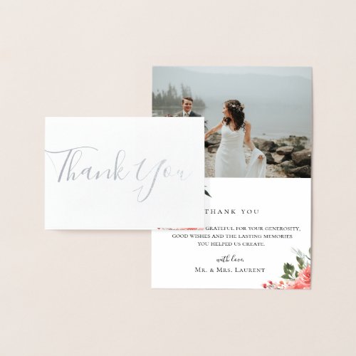 Chic Coral Floral Wedding Photo Thank You Card