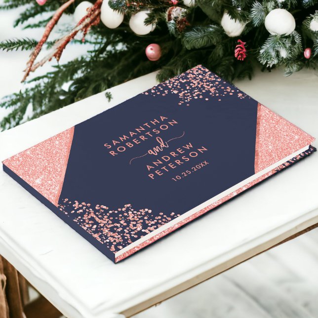 Chic Coral glitter confetti navy blue wedding Guest Book (Chic Coral glitter confetti navy blue wedding Guest Book)