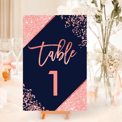 Chic coral glitter script navy blue table number