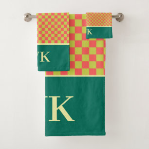 Chic Coral & Lime Checkerboard Spa Monogram Bath Towel Set