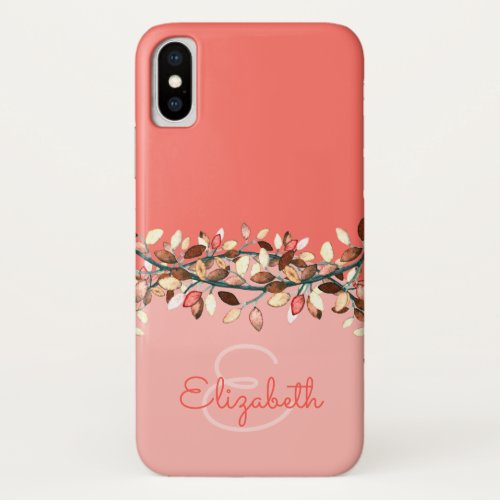 Chic Coral Ombre Add A Name Monogram Leaves iPhone X Case