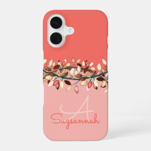 Chic Coral Ombre Custom Monogram Leafy Branches iPhone 16 Case