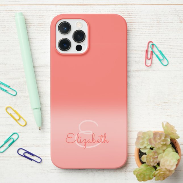 Chic Coral Ombre Name Initial Letter Monogram  iPhone Case (On Desk)