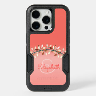 Chic Coral Ombre Name Monogram Leafy Branch iPhone 15 Pro Case