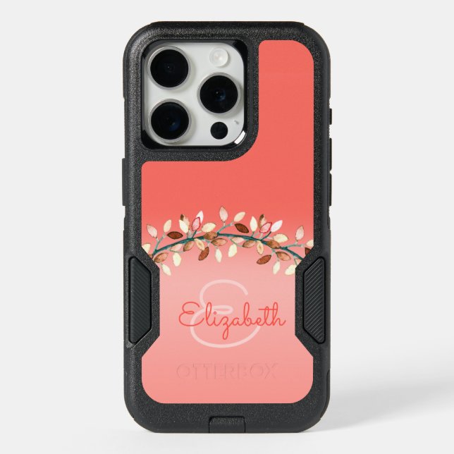 Chic Coral Ombre Name Monogram Leafy Branch iPhone 15 Pro Case (Back)