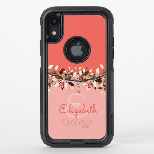 Chic Coral Ombre Name Monogram Leafy Branches OtterBox Commuter iPhone XR Case