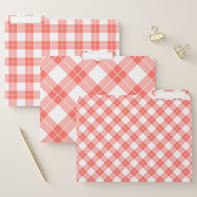 Chic Coral Orange and White Plaid Pattern File Folder (Set)