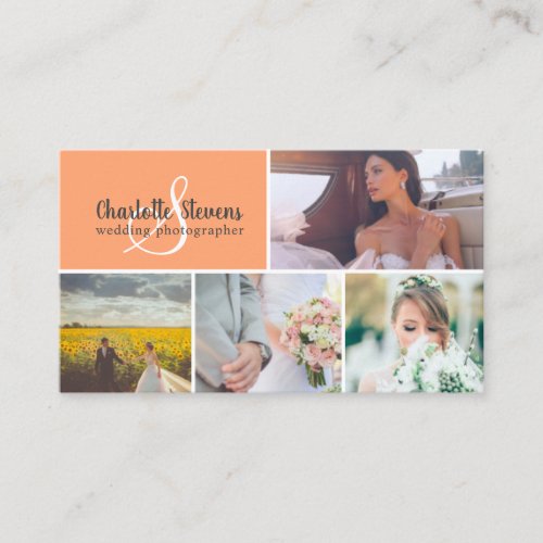 Chic coral orange wedding photographer collage business card