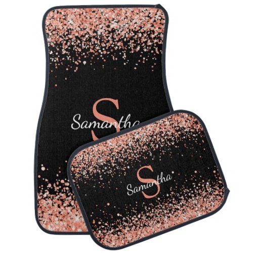 Chic Coral Peach Glitter Confetti Monogram Black Car Floor Mat