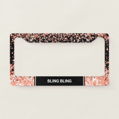 Chic Coral Peach Glitter Confetti Monogram Black License Plate Frame