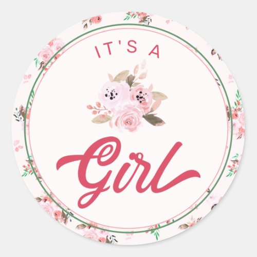 Chic Coral Pink Floral New Baby Its a Girl Favor Classic Round Sticker