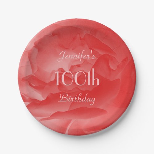 Chic Coral Pink Rose 100th Birthday Paper Plates