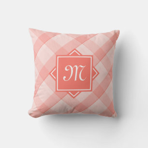 Chic Coral Plaid With Modern Diagonal Monogram Throw Pillow