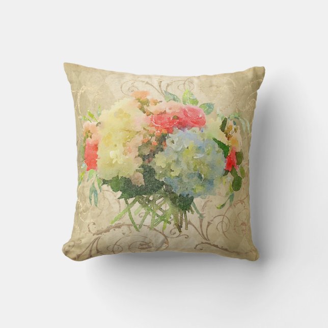 Chic Coral Rose Blue Hydrangea Floral Gold Damask Throw Pillow (Front)