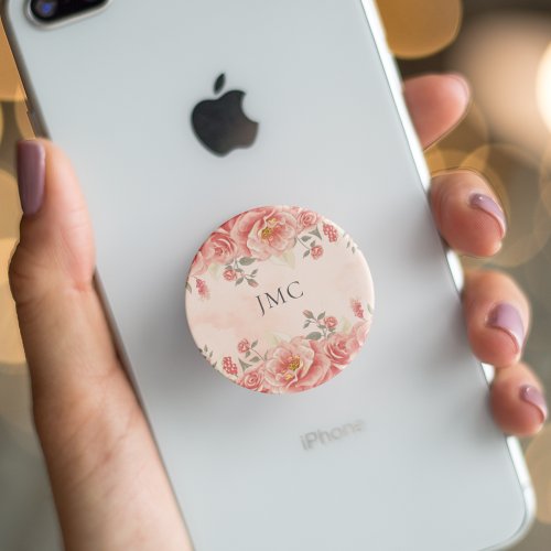 Chic Coral Roses Peach Watercolor Floral Monogram PopSocket