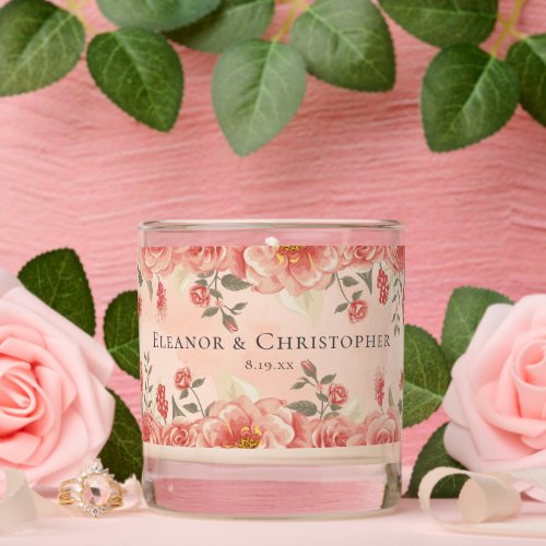 Chic Coral Roses Watercolor Wedding Personalized Scented Candle