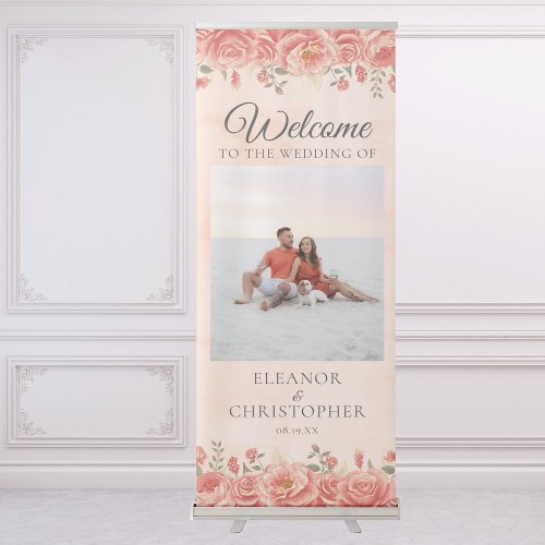 Chic Coral Roses Watercolor Wedding Photo Welcome Retractable Banner