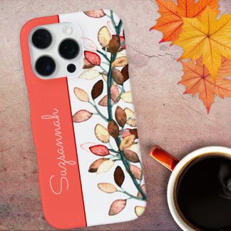 Chic Coral White Fall Leaves Custom Name iPhone 16 Pro Case