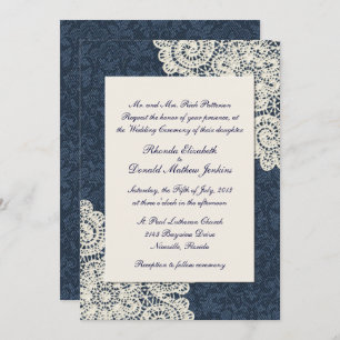 Chic Country Denim Damask & Ivory Lace Wedding 2 Invitation