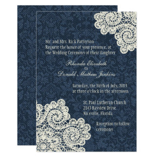 Chic Country Denim Damask & Ivory Lace Wedding 3 Invitation
