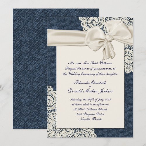 Chic Country Denim Damask &amp; Ivory Lace Wedding Personalized Invitations