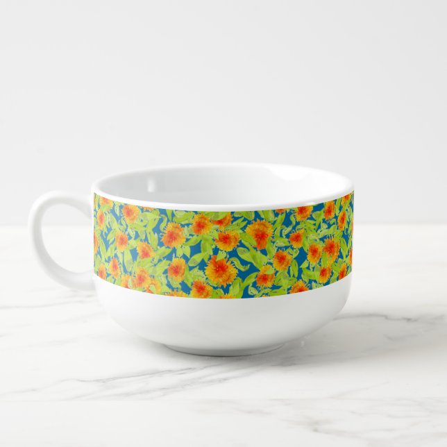 Chic Country Marigolds on Blue Ceramic Soup Mug (Right)