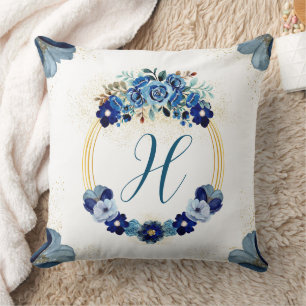 Chic Country Monogram Blue Gold Floral Wreath Throw Pillow