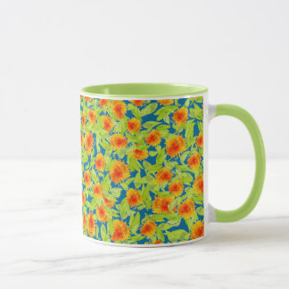 Chic Country Orange Marigolds Pattern on Blue Mug