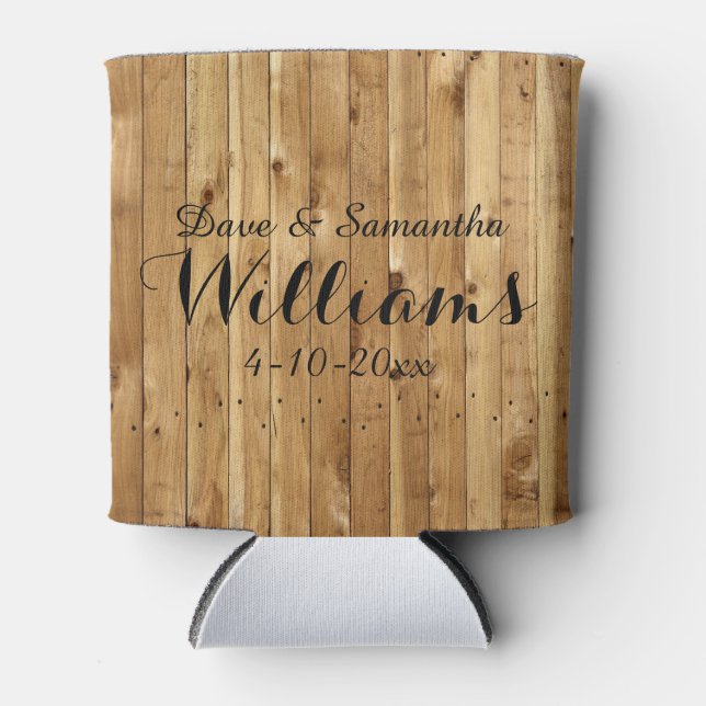 Chic Country Wood Mr. Mrs. Wedding Favor Can Cooler (Front)
