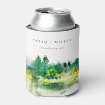 Rustic Countryside Lake Village Landscape Wedding Can Cooler