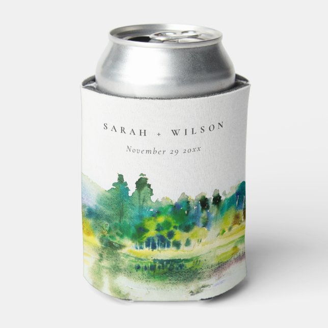 Chic Countryside Mountain River Landscape Wedding Can Cooler (Can Front)
