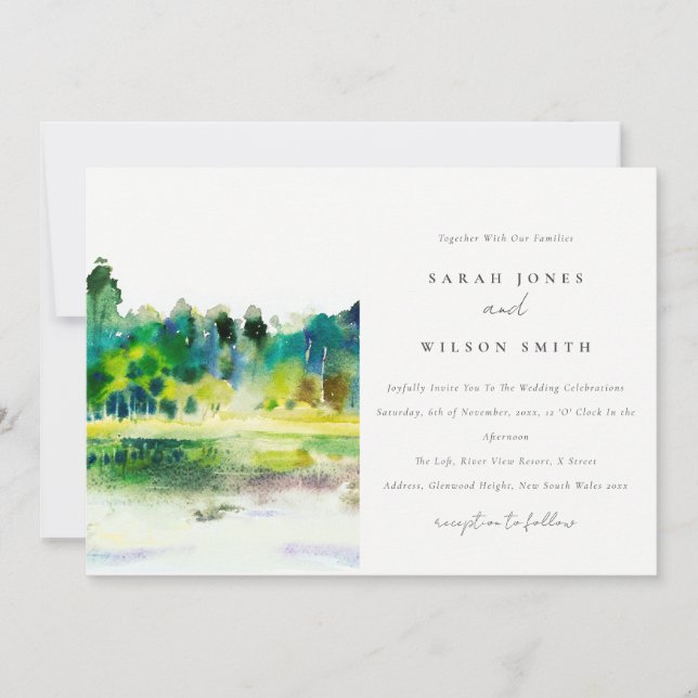 Chic Countryside Mountain River Landscape Wedding Invitation (Front)