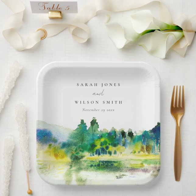 Chic Countryside Mountain River Landscape Wedding Paper Plates (Wedding)