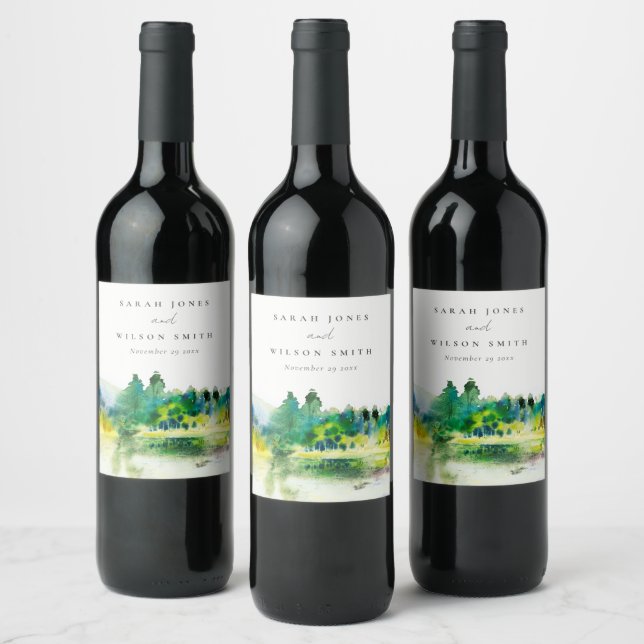 Chic Countryside Mountain River Landscape Wedding Wine Label (Bottles)